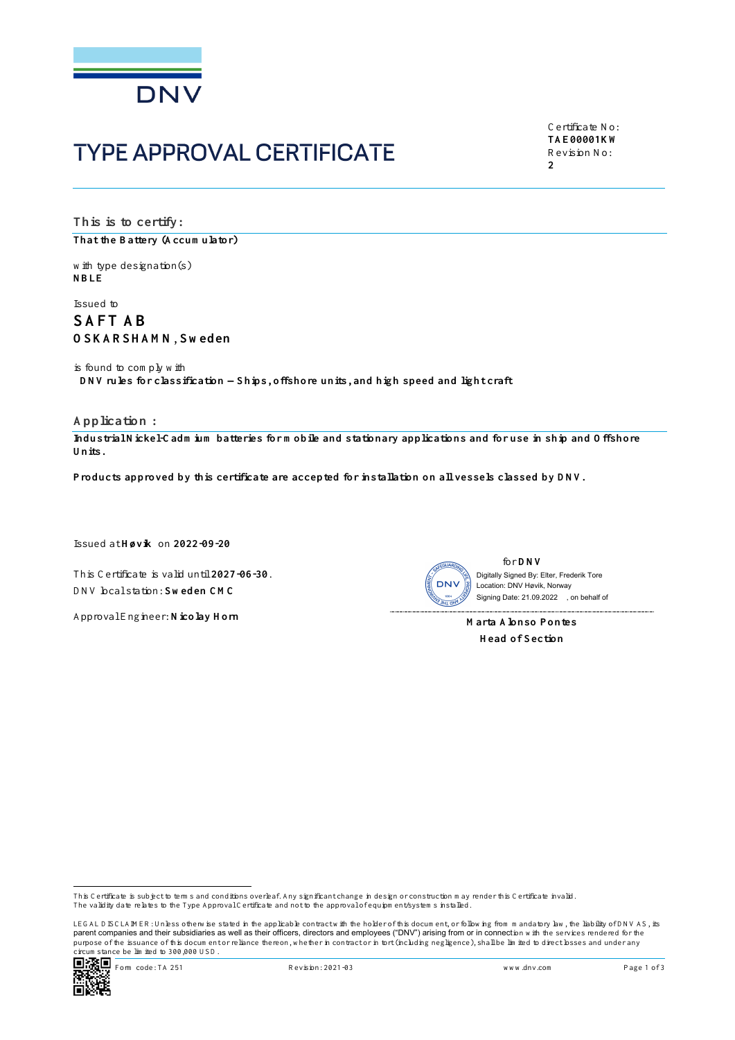 NBLE certificate first page