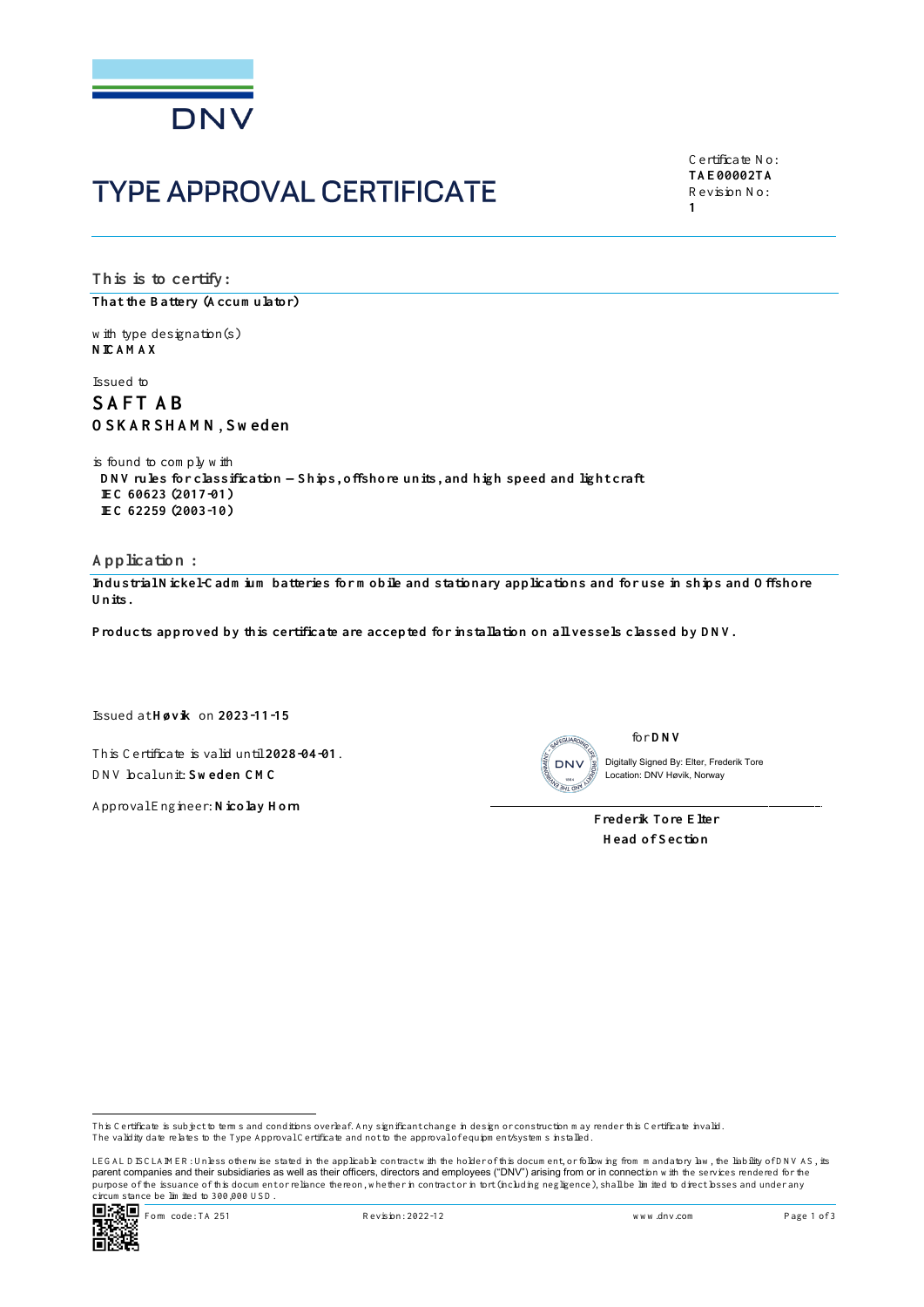 NICAMAX certificate first page