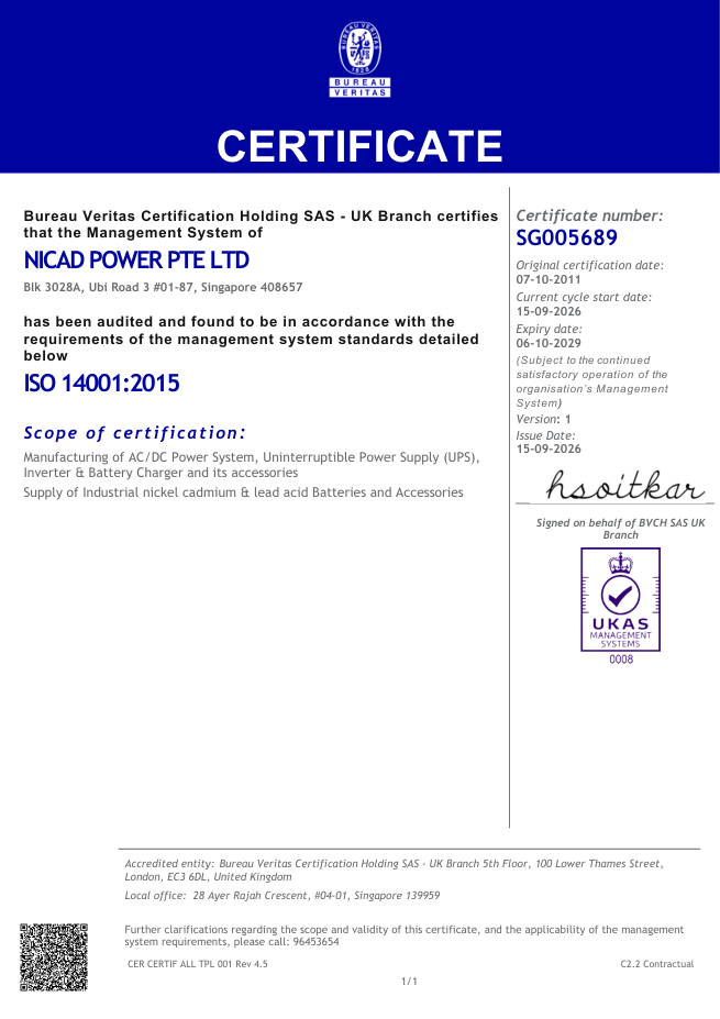 ISO 14001:2015 certificate first page