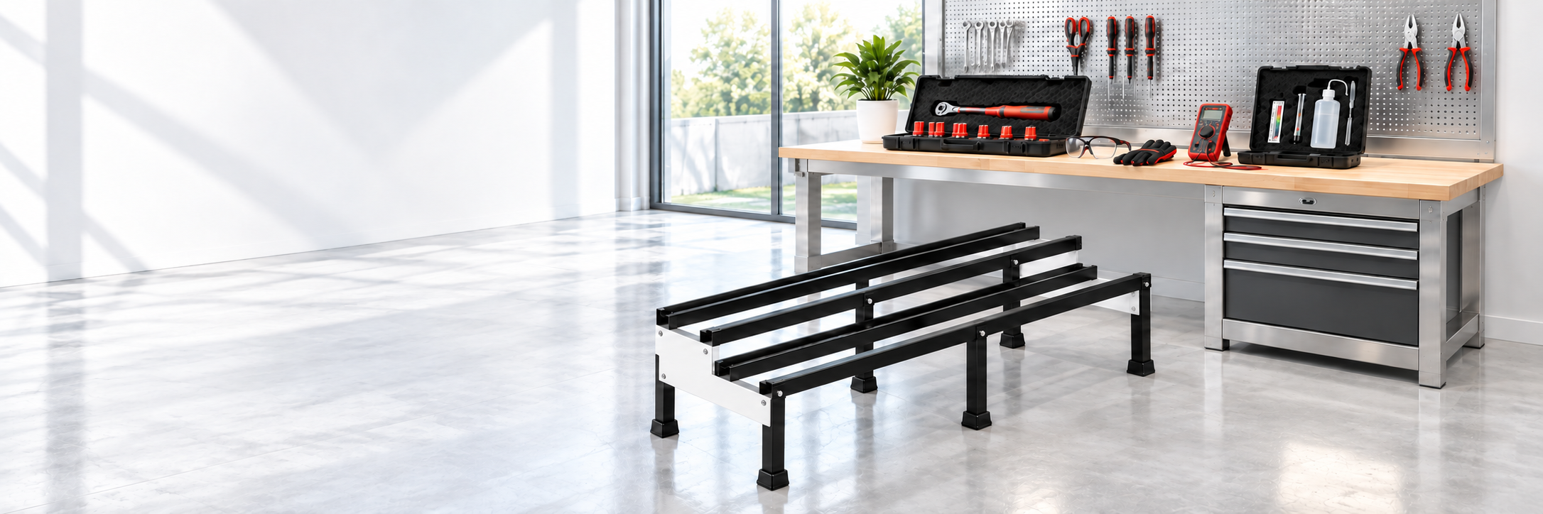 Complete battery accessories workbench with individually spaced wall tools and full battery rack