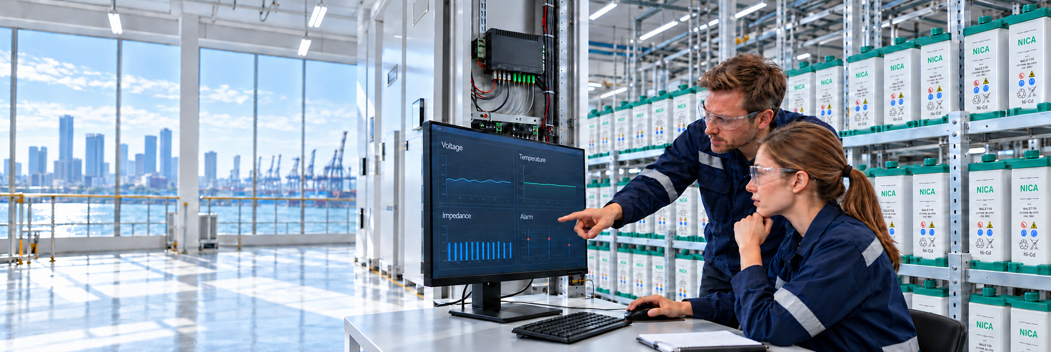 Engineers monitoring covered NICA batteries with closely matched voltage, impedance and temperature readings
