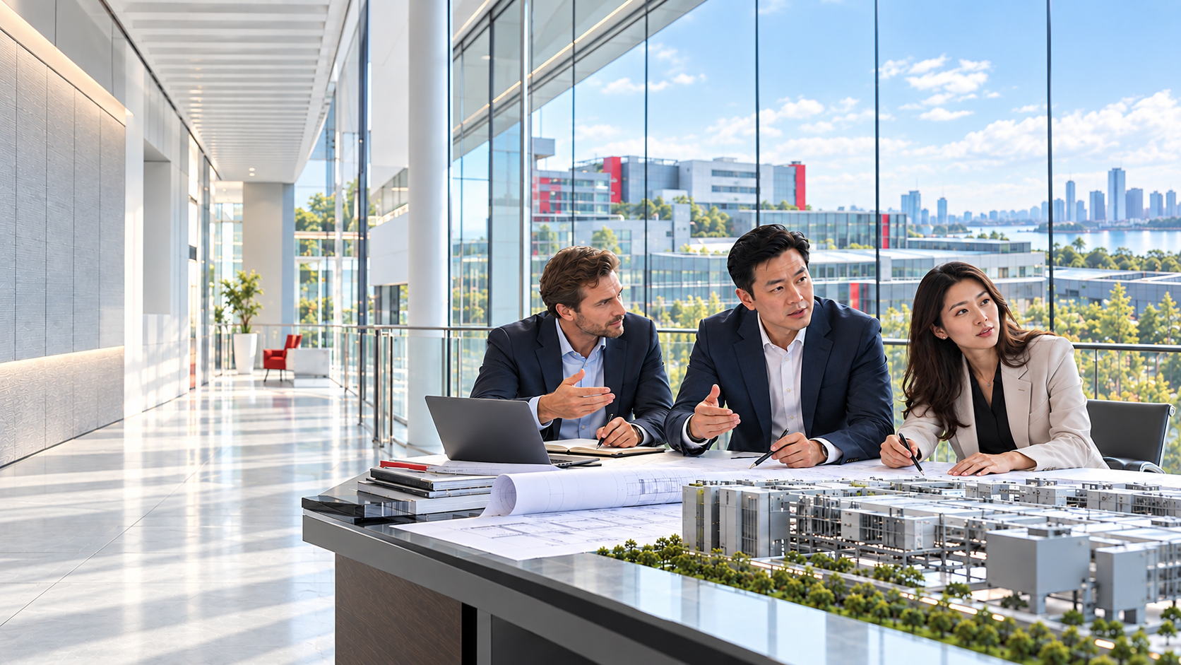 Three colleagues including a European man meeting in a bright engineering office