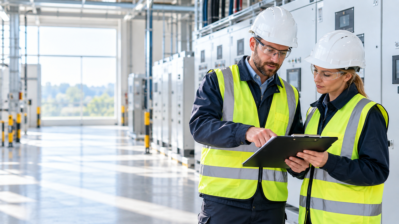 European male and female engineers reviewing a critical power service plan