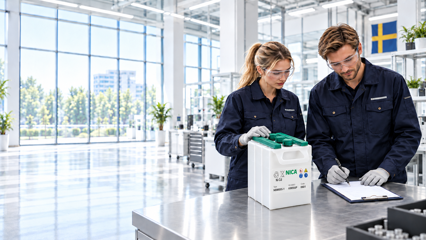Swedish quality inspectors checking a NICA NBM555-1 battery with its original manufacturer label and recording inspection results