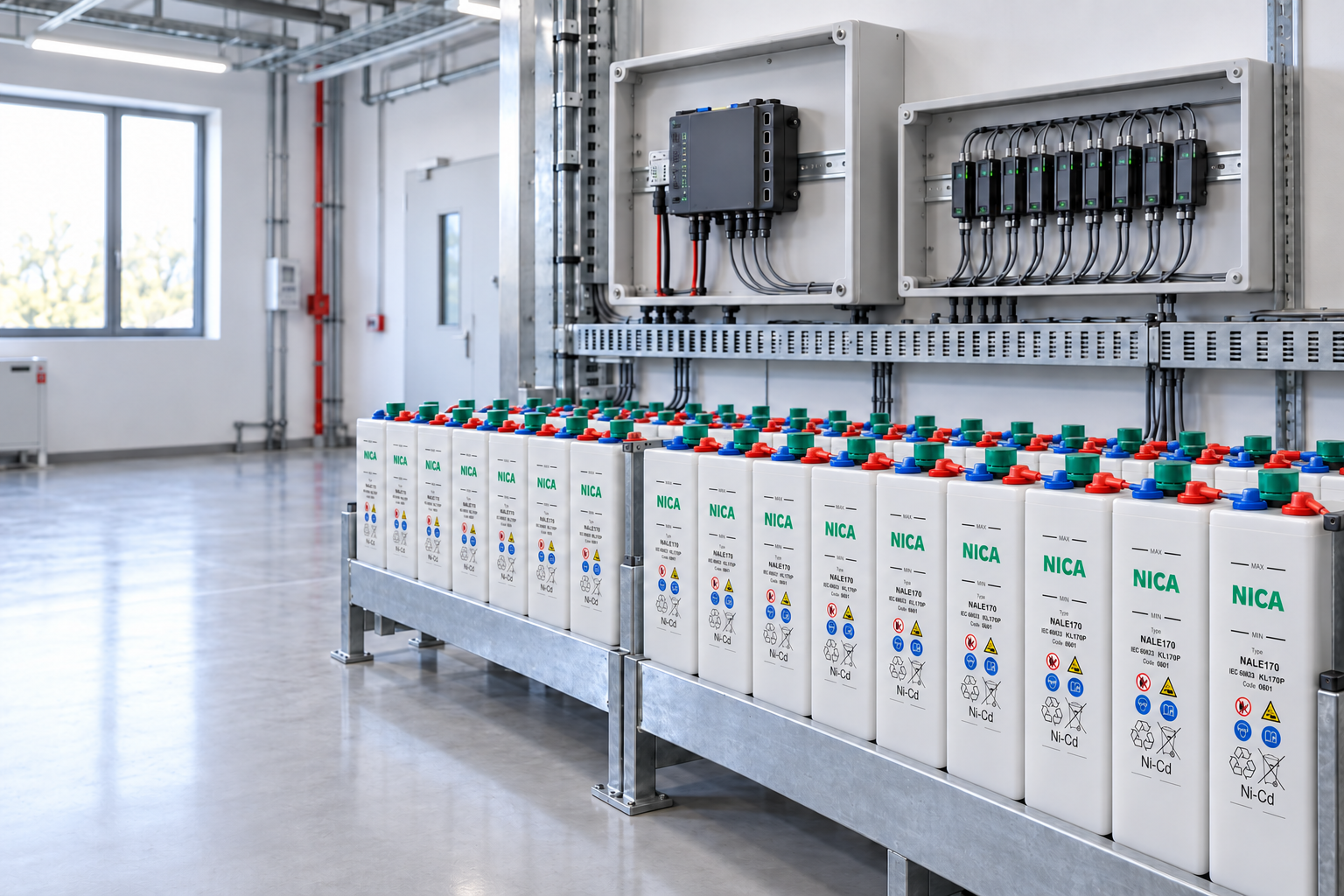 Battery monitoring gateway and sensor modules above a rack of NICA NALE 170 batteries