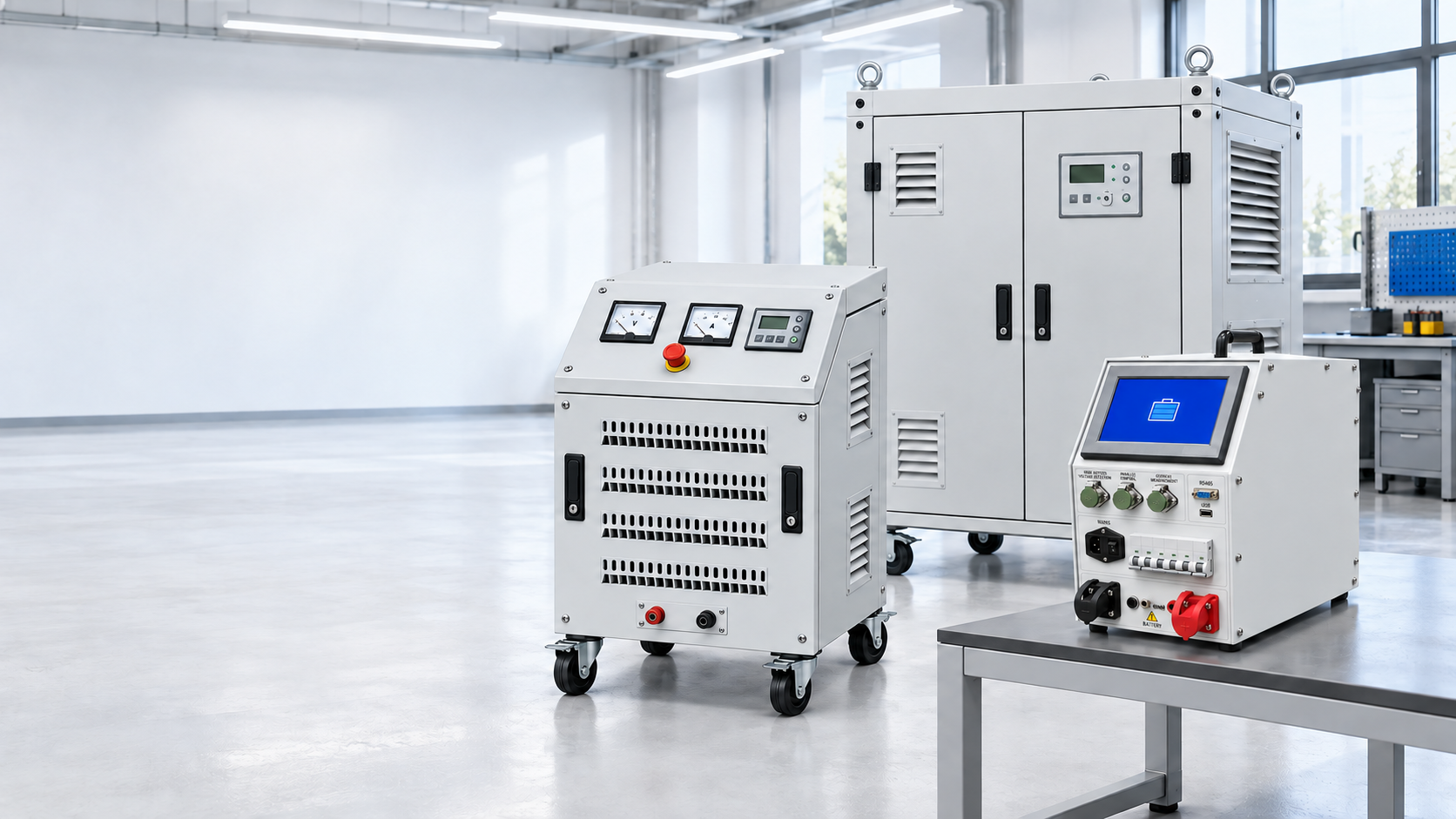 White 24 V, 48–500 V and 10–480 V DC load banks in a bright testing facility