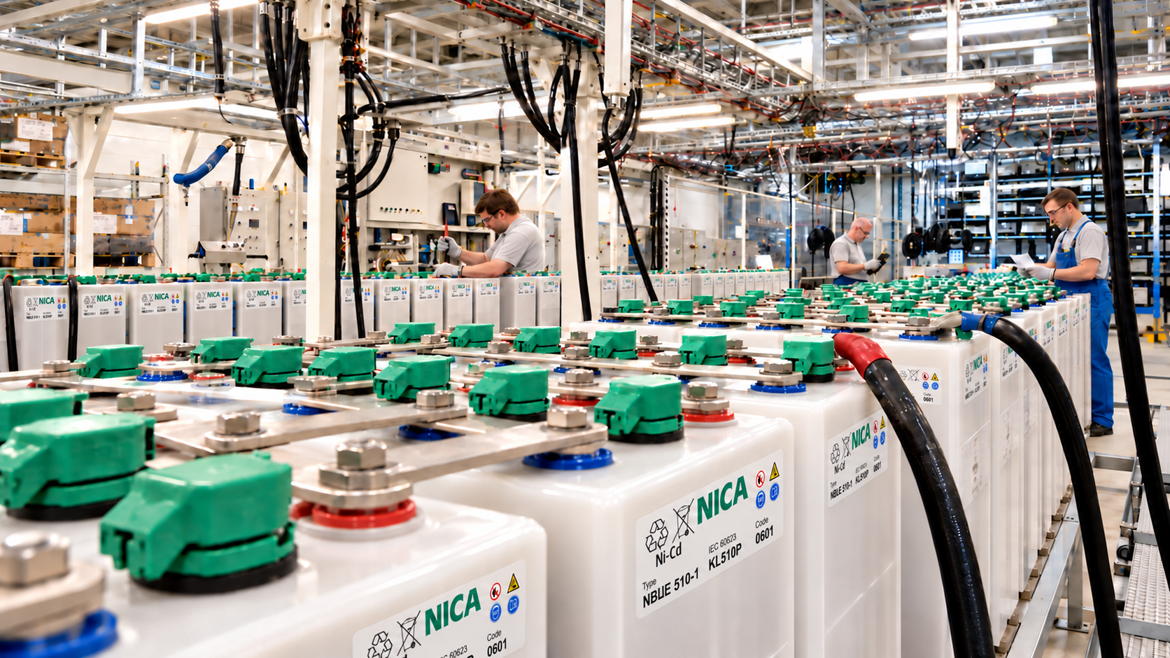 Nickel cadmium battery manufacturing with rows of white cells and green caps
