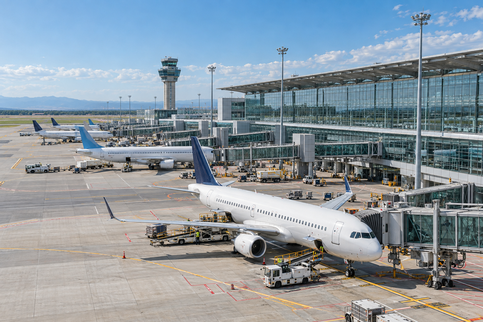 Modern airport terminal with aircraft