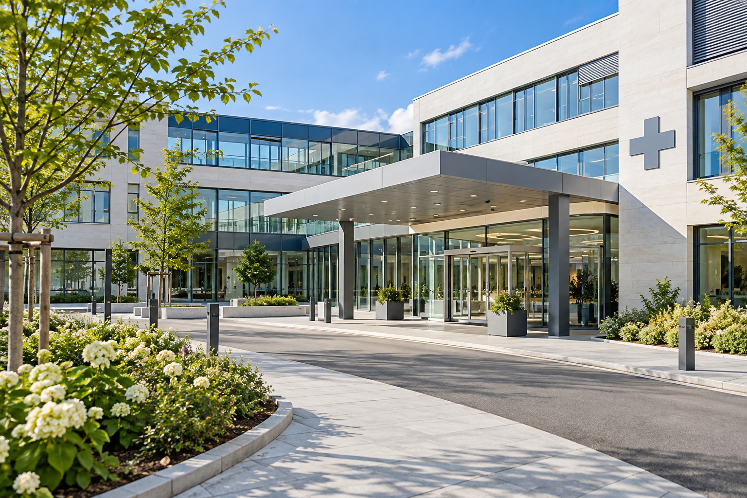 Modern hospital building and entrance
