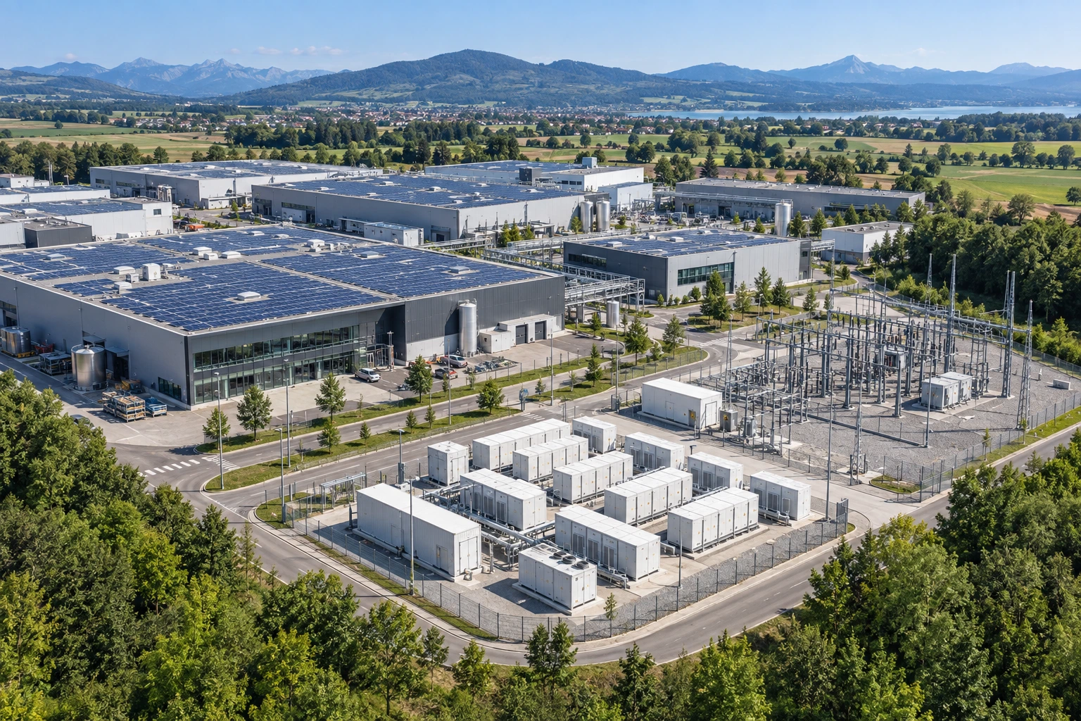Industrial campus with solar rooftops and electrical infrastructure