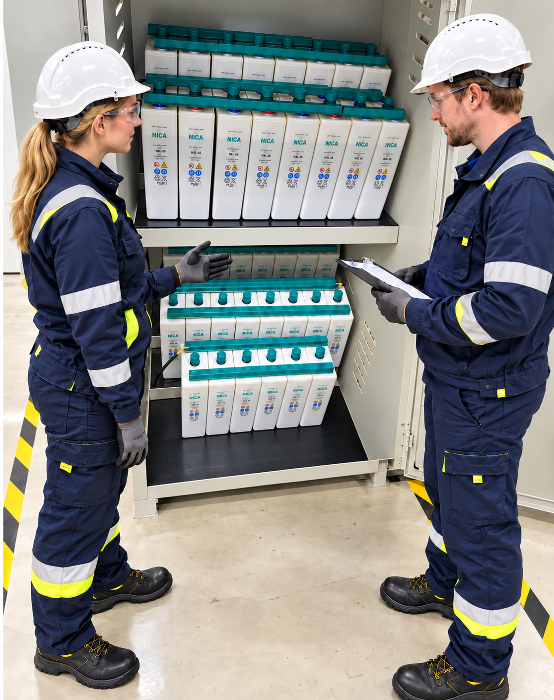 Female and male engineers reviewing preventive maintenance beside an NICA battery cabinet