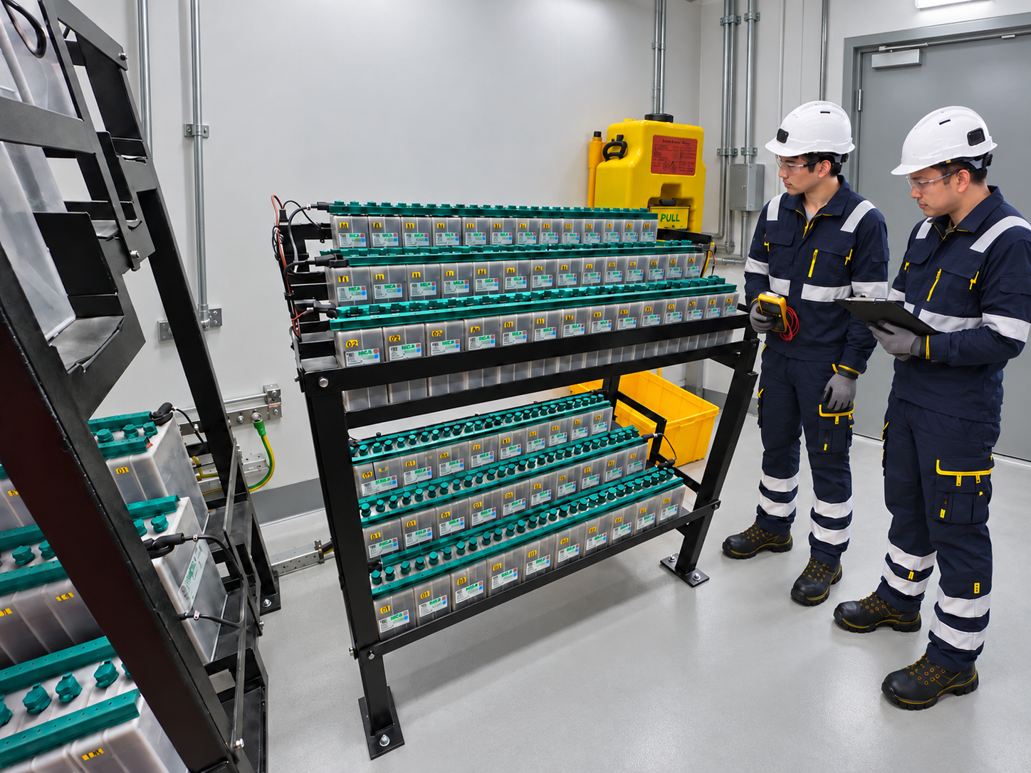Two engineers reviewing an NICA battery rack with a maintenance report and handheld multimeter