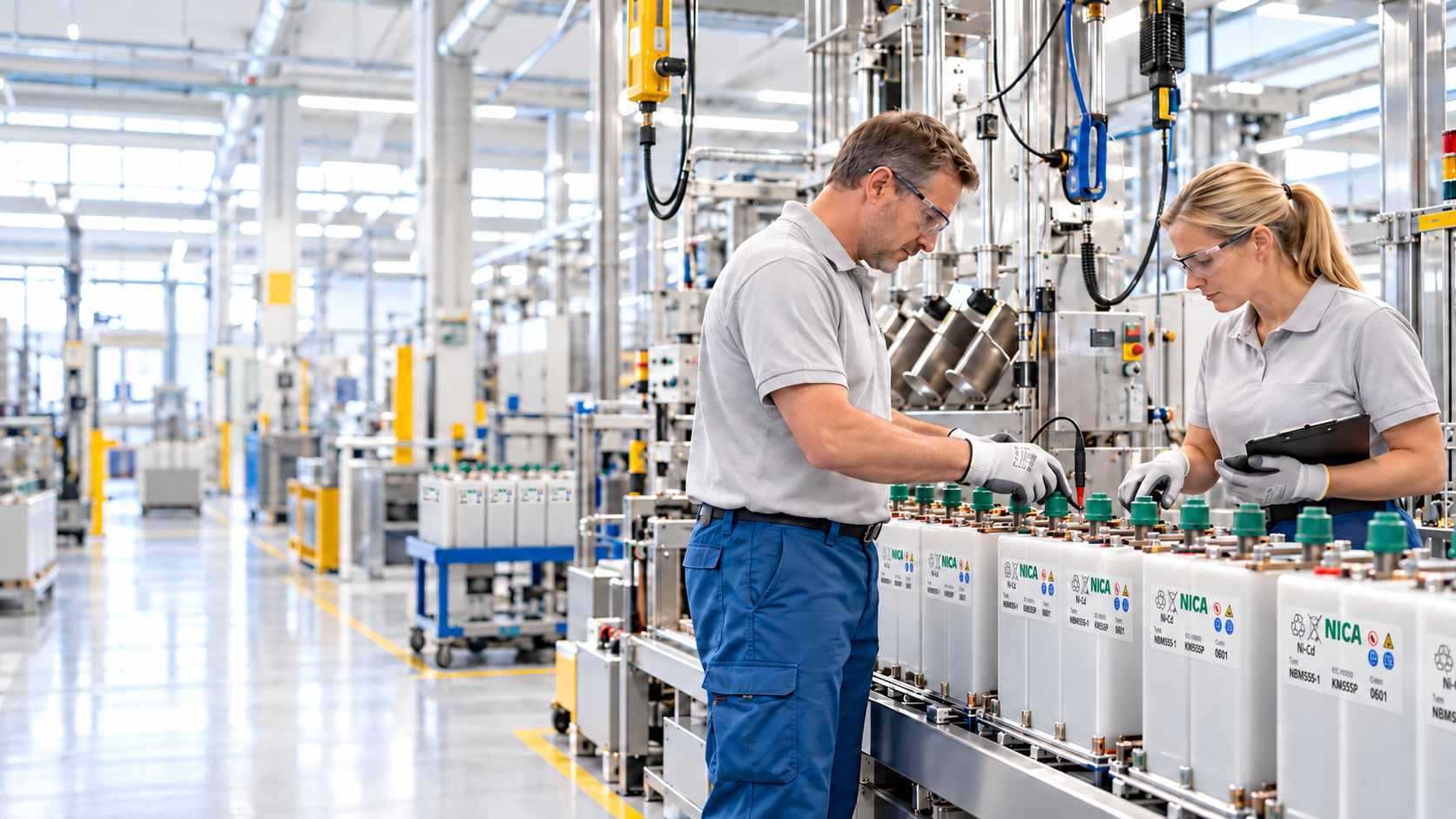 Swedish male and female technicians testing nickel cadmium batteries