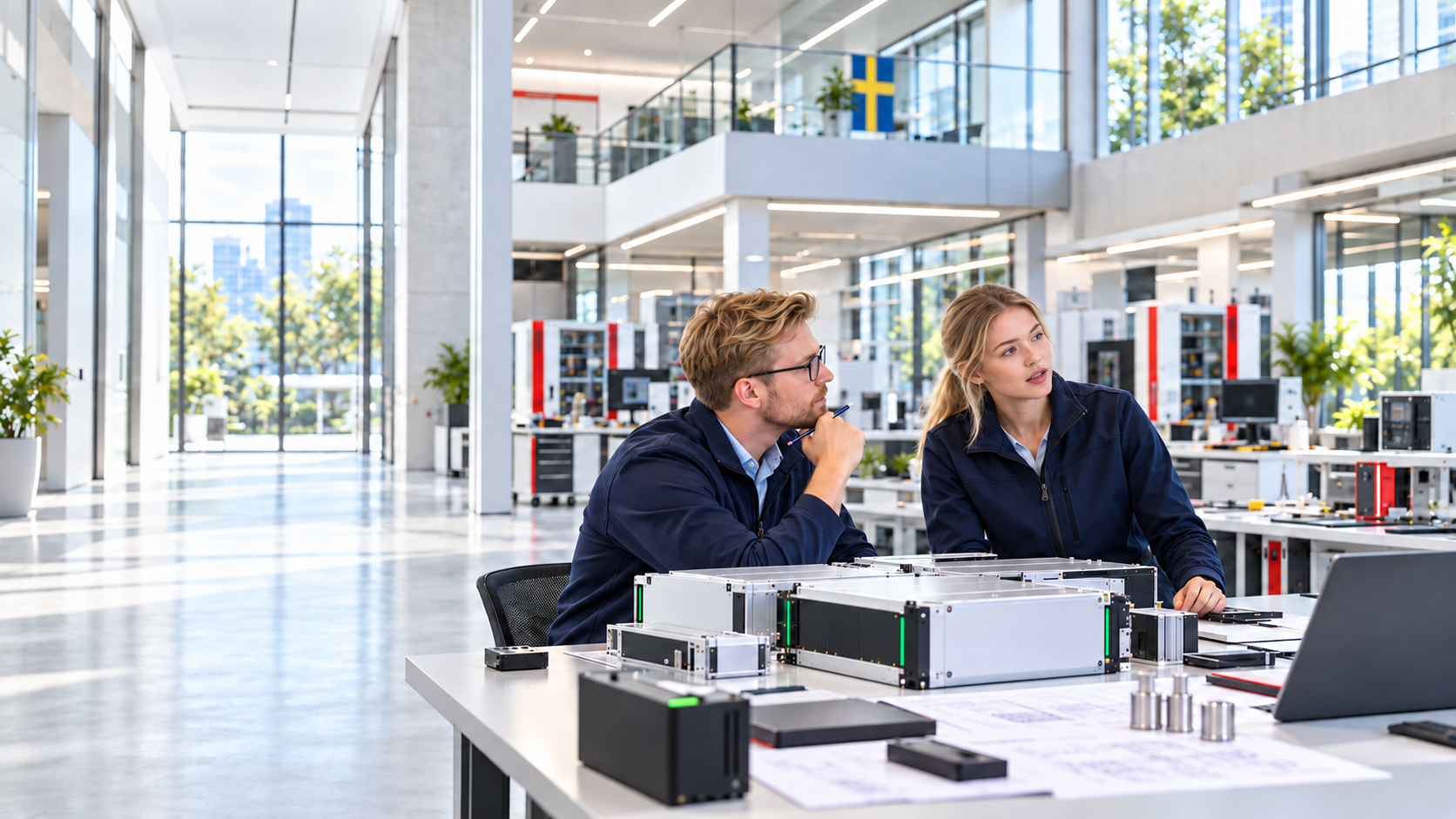 Swedish battery engineers collaborating in a bright engineering workshop